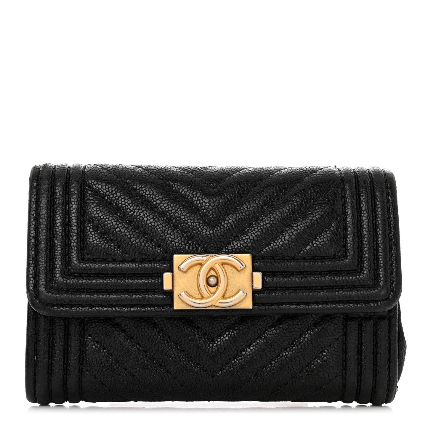 Caviar Chevron Quilted Boy Flap Card Holder Black