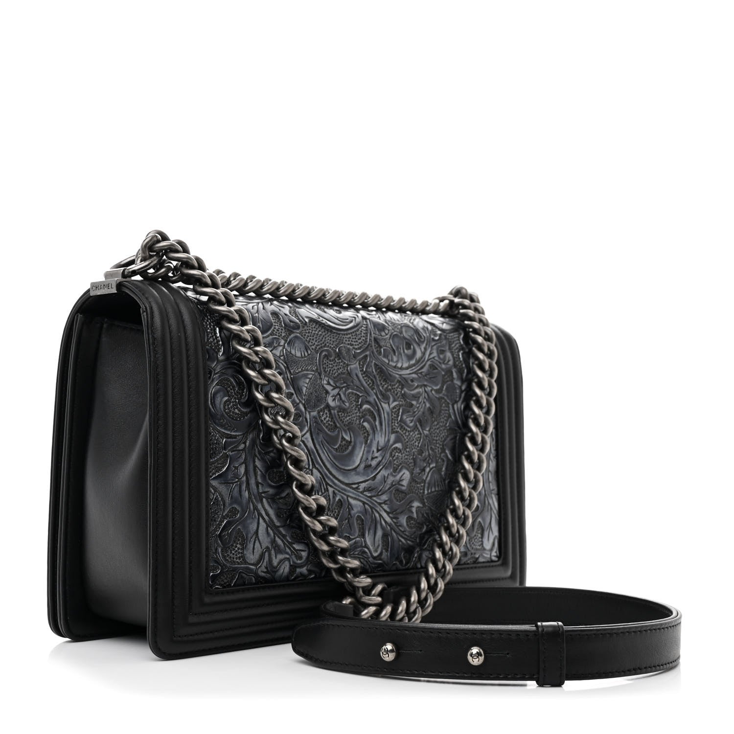 Chanel Calfskin Embossed New Medium Cordoba Boy Flap Dark Grey 3 of 12