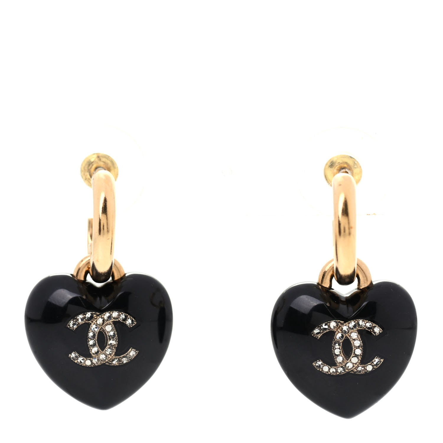 Chanel Resin Crystal CC Heart Drop Earrings Black Gold 1 of 4
