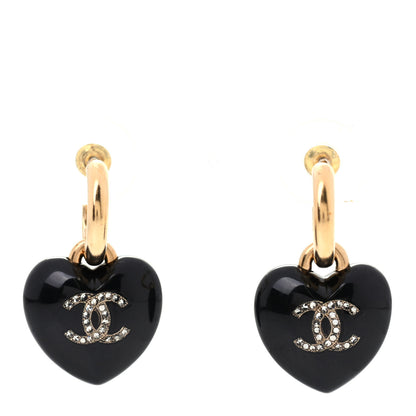 Chanel Resin Crystal CC Heart Drop Earrings Black Gold 1 of 4