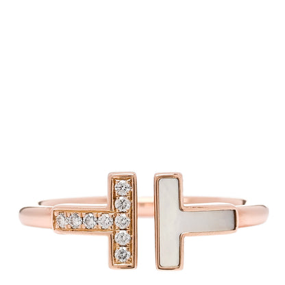Tiffany 18K Rose Gold Diamond Mother of Pearl T Wire Ring 57 8 1 of 6