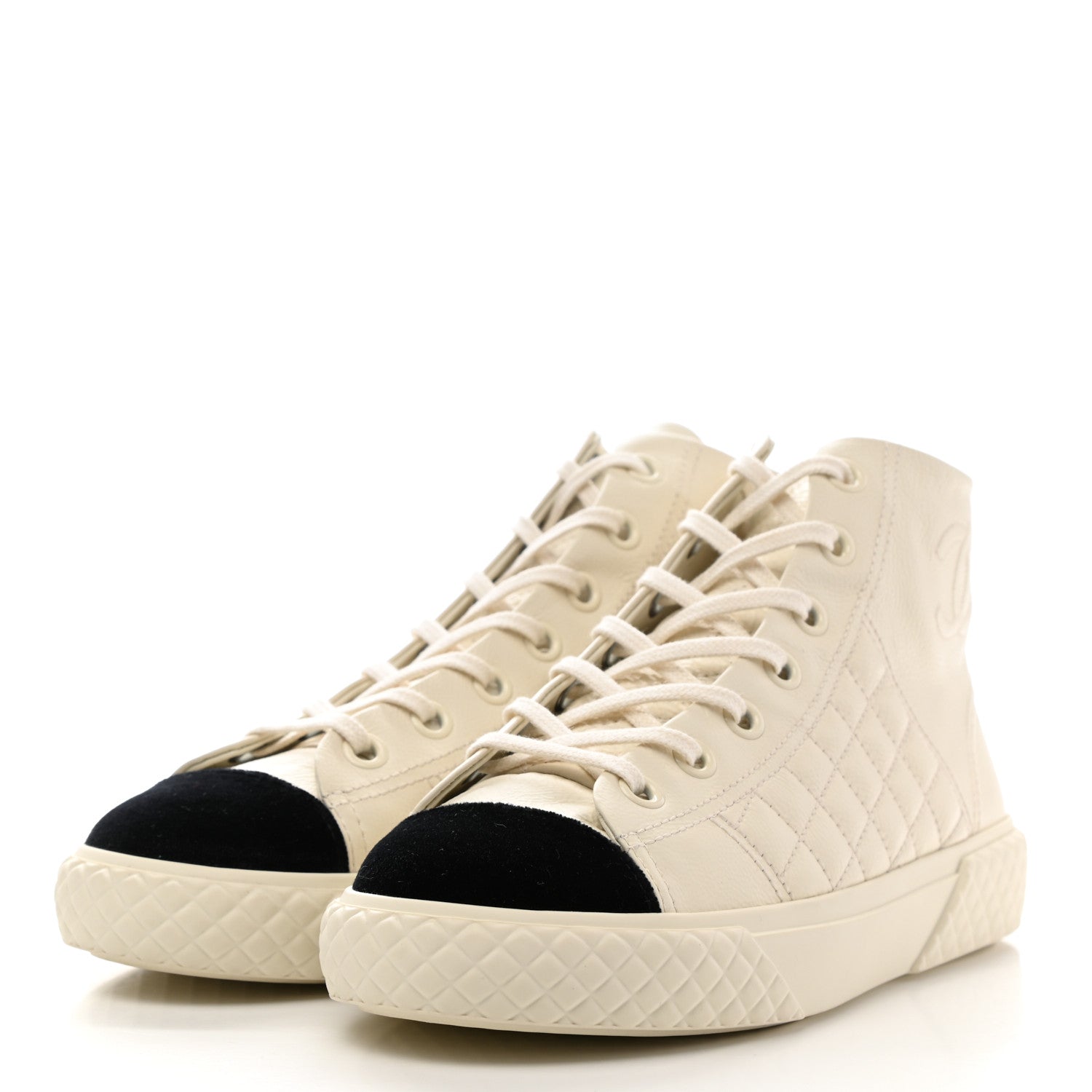 Chanel Calfskin High Top CC Sneakers 37.5 Ivory Black 3 of 9