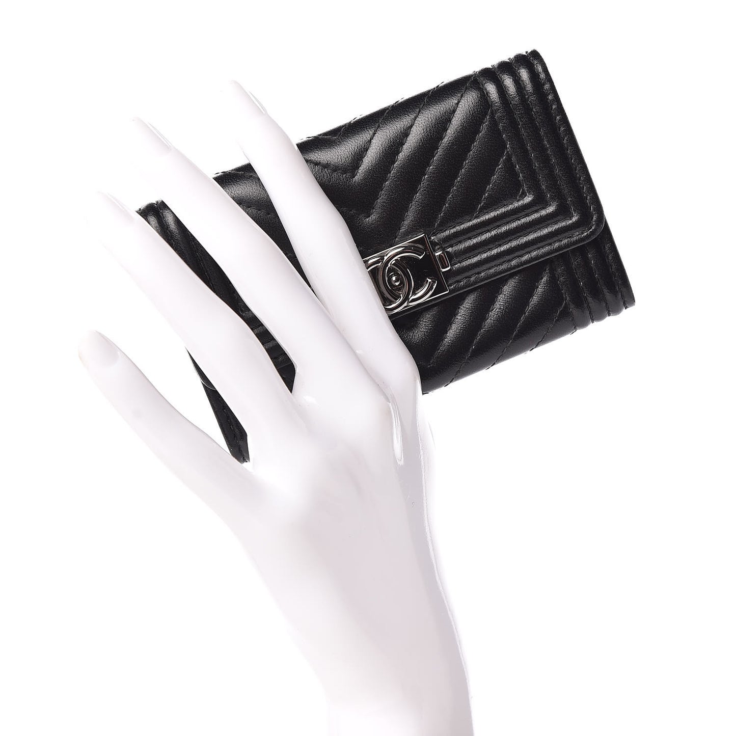 Lambskin Chevron Quilted Boy Card Holder Wallet Black