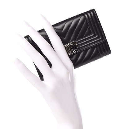 Chanel Lambskin Chevron Quilted Boy Card Holder Wallet Black 2 of 14