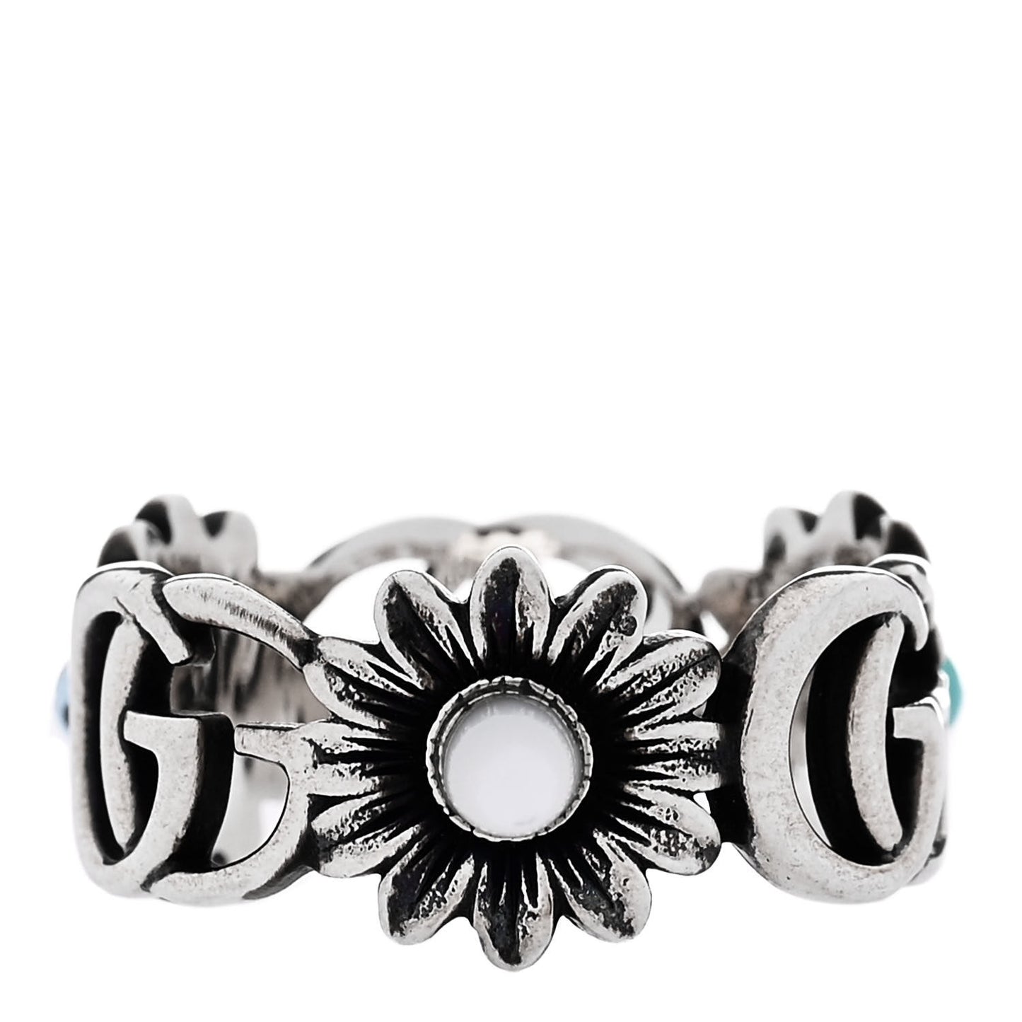 Sterling Silver Mother of Pearl Blue Topaz Flower Marmont Double G Ring 53 6.5