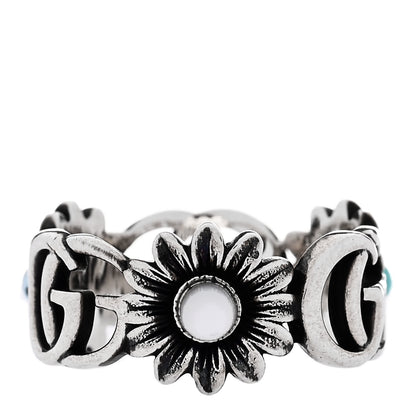 Gucci Sterling Silver Mother of Pearl Blue Topaz Flower Marmont Double G Ring 53 6.5 3 of 7