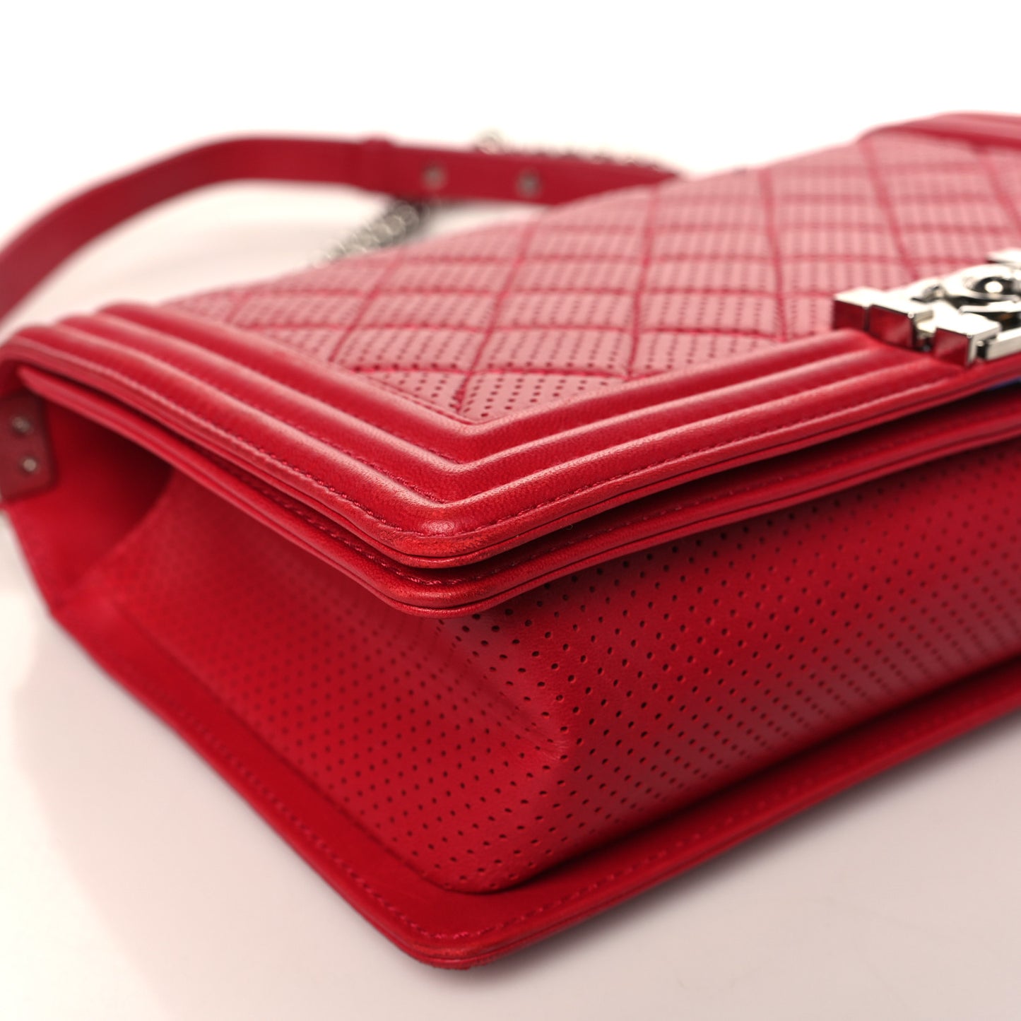 Perforated Lambskin Quilted Medium Boy Flap Red
