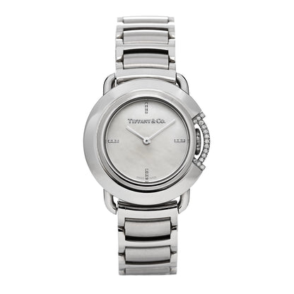 Tiffany Stainless Steel Diamond Mother of Pearl 25mm Tiffany T Round Quartz Watch 1 of 5