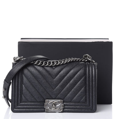 Chanel Caviar Chevron Quilted Medium Boy Flap Navy 13 of 16
