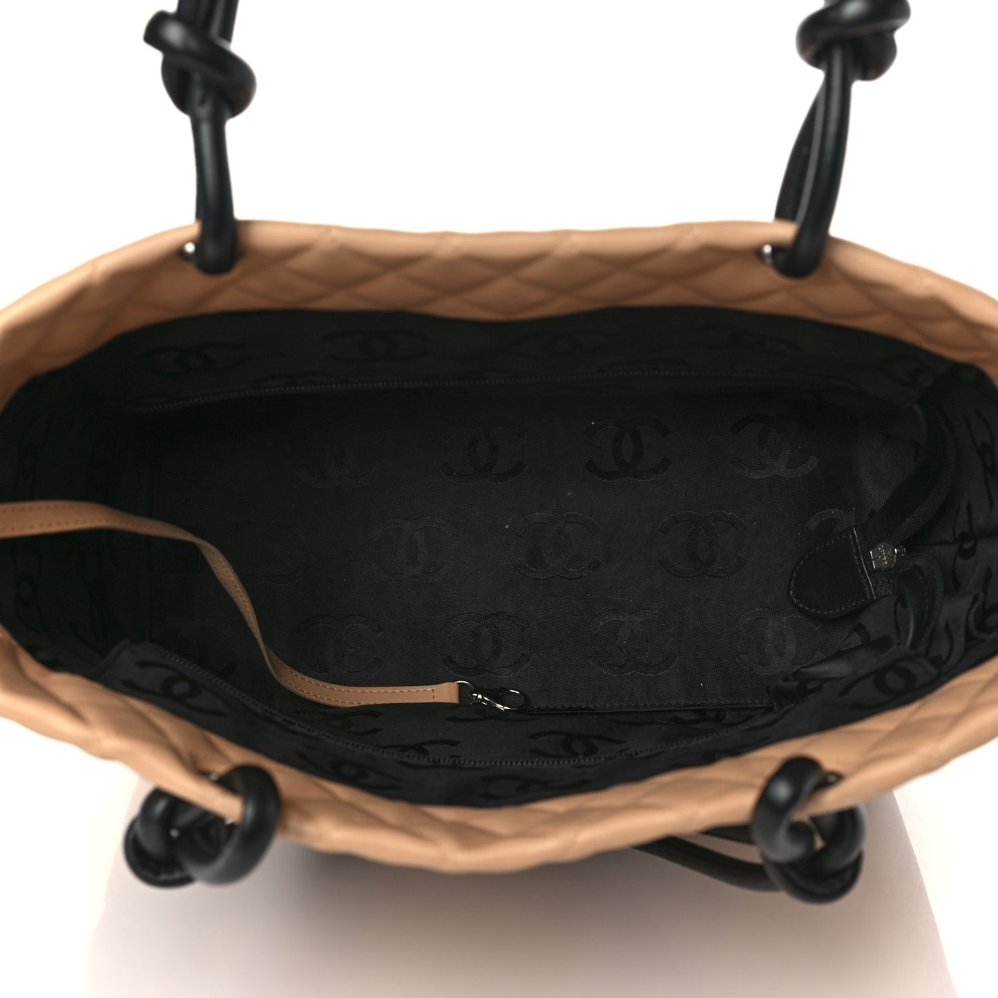 Calfskin Quilted Large Cambon Tote Beige Black