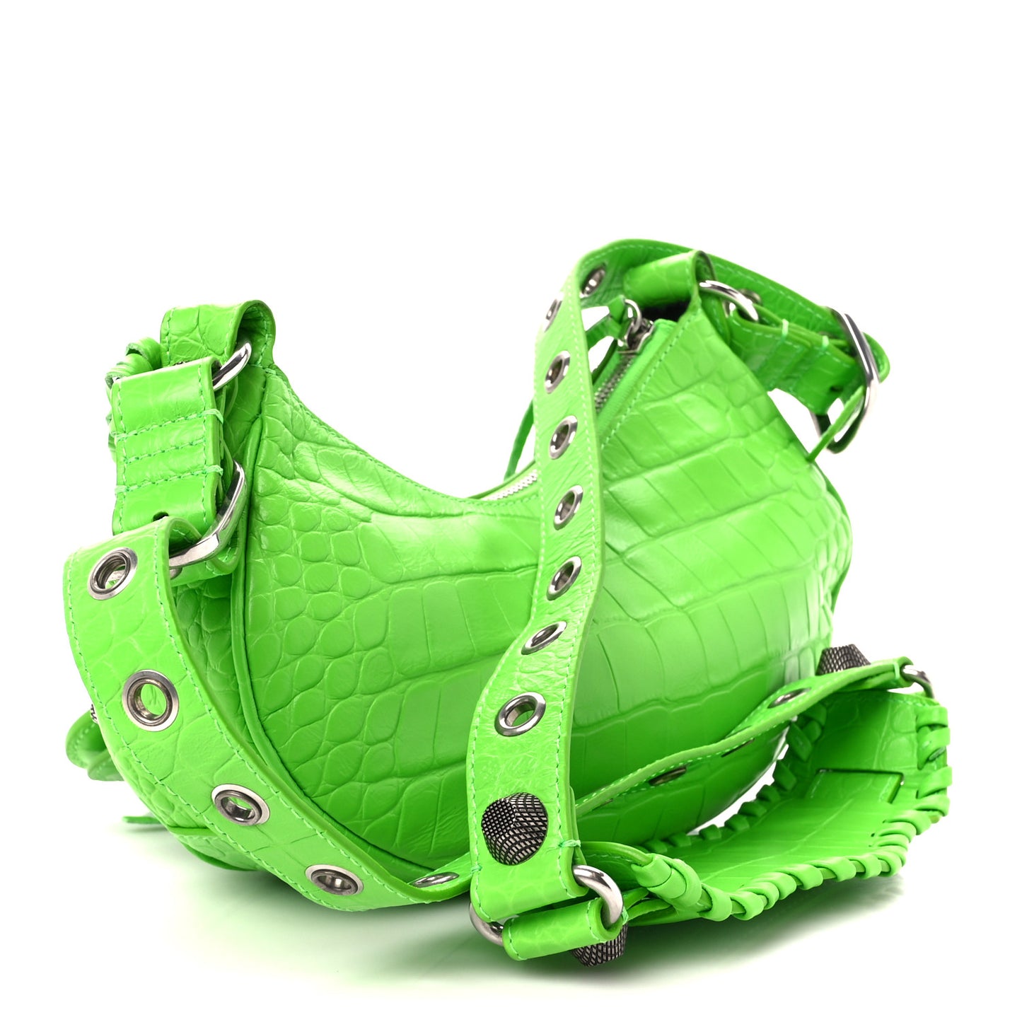 Extra Supple Calfskin Crocodile Embossed Le Cagole Shoulder Bag XS Acid Green