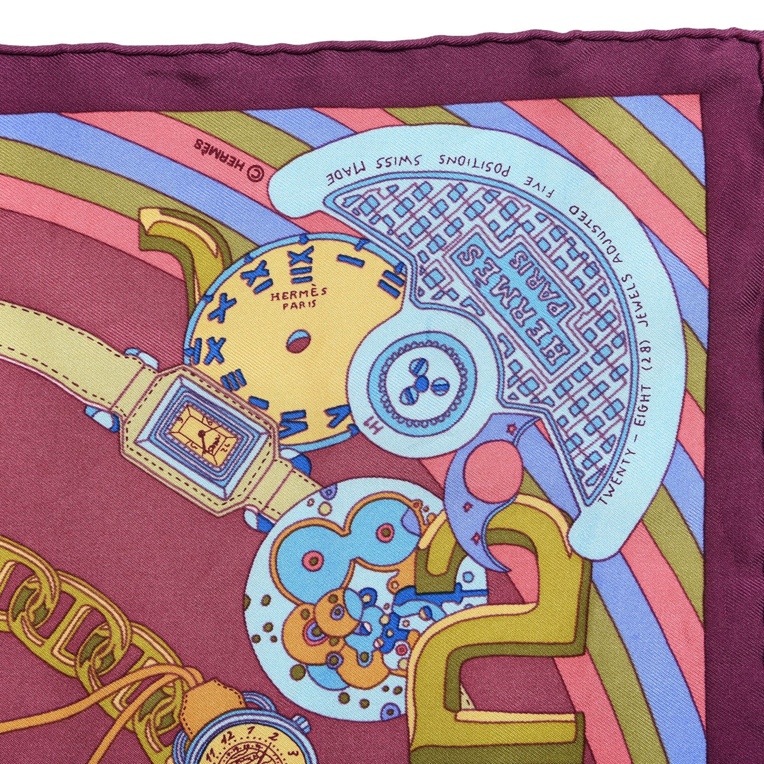 Hermes Silk Monsieur Montres Pocket Square Prune Lie De Vin Bleu 4 of 4