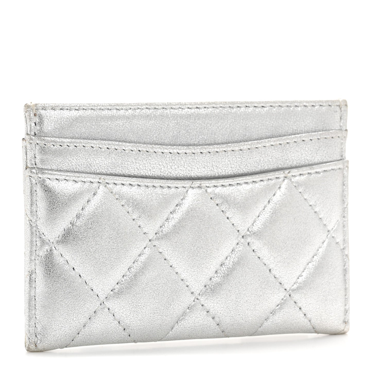 Metallic Lambskin Quilted CC Card Holder Silver