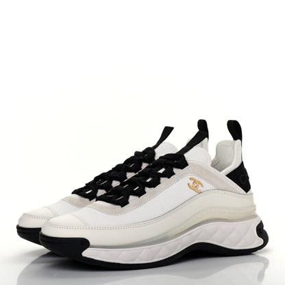 Chanel Velvet Calfskin Mixed Fibers CC Sneakers 36.5 Ivory Black 3 of 10