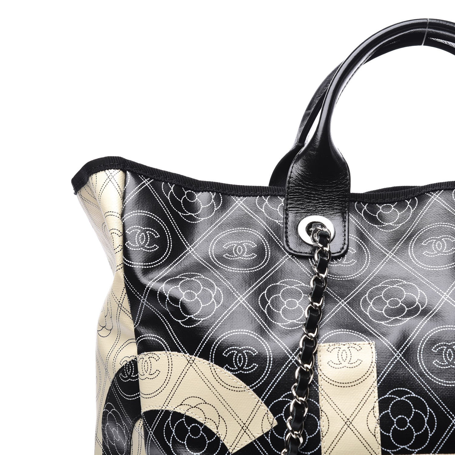 Chanel Coated Canvas Camellia Medium Shopping Tote Black Beige 9 of 9