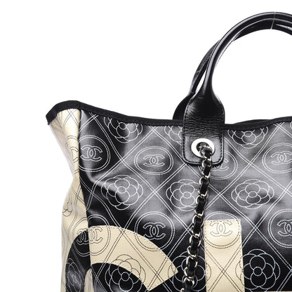 Chanel Coated Canvas Camellia Medium Shopping Tote Black Beige 9 of 9
