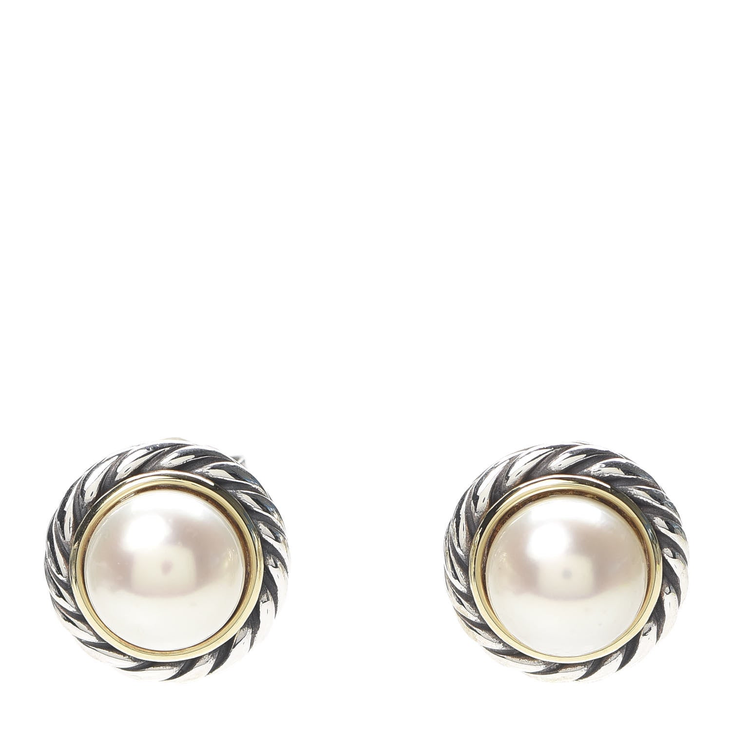 David Yurman Sterling Silver 18K Yellow Gold Pearl 10mm Cable Earrings 1 of 4