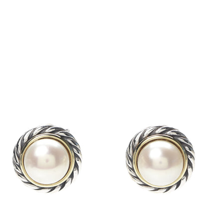 David Yurman Sterling Silver 18K Yellow Gold Pearl 10mm Cable Earrings 1 of 4