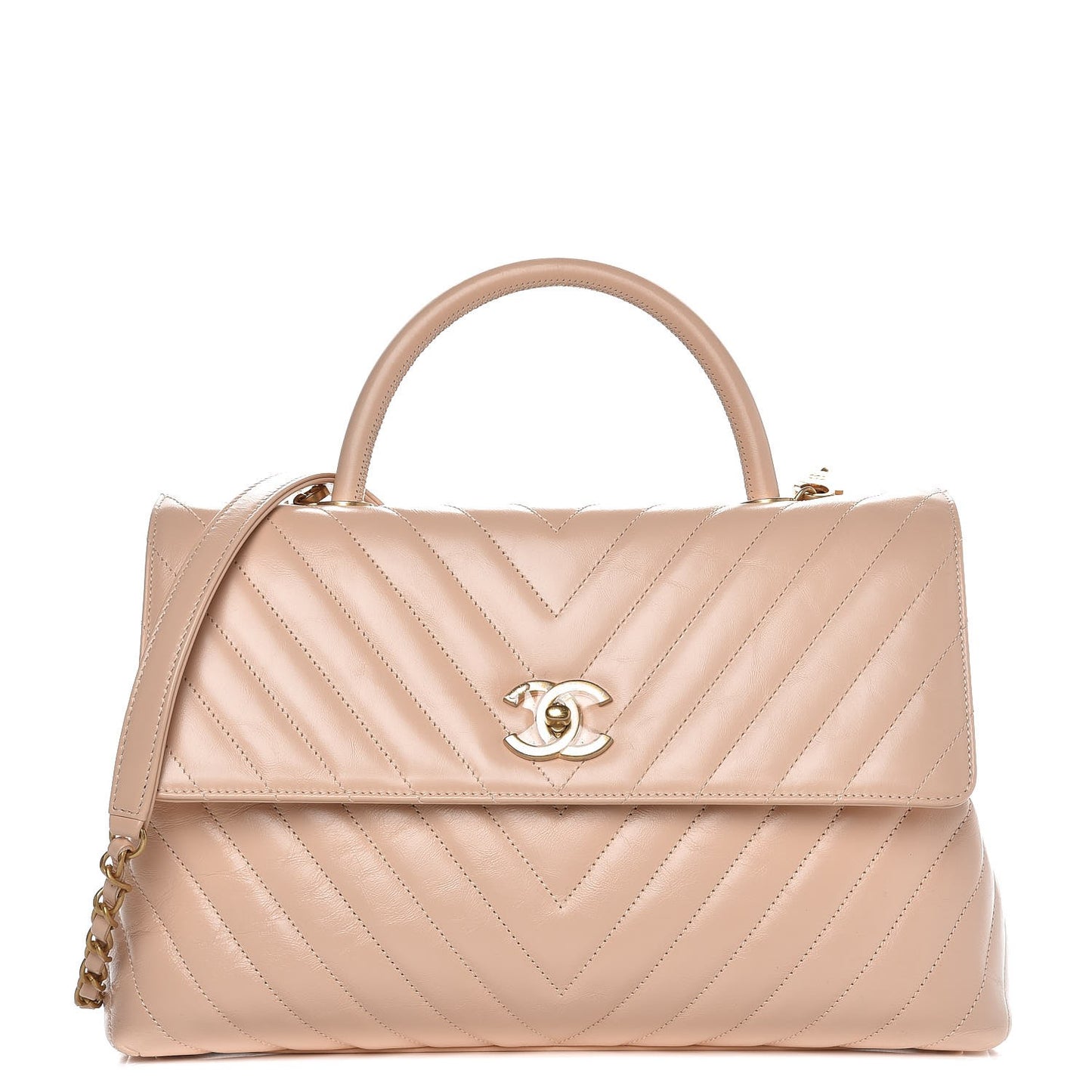 Calfskin Chevron Quilted Large Coco Handle Flap Light Beige