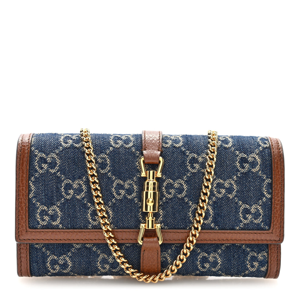 Gucci New Denim GG Monogram Jackie 1961 Chain Wallet Blue Tea Cuir ...