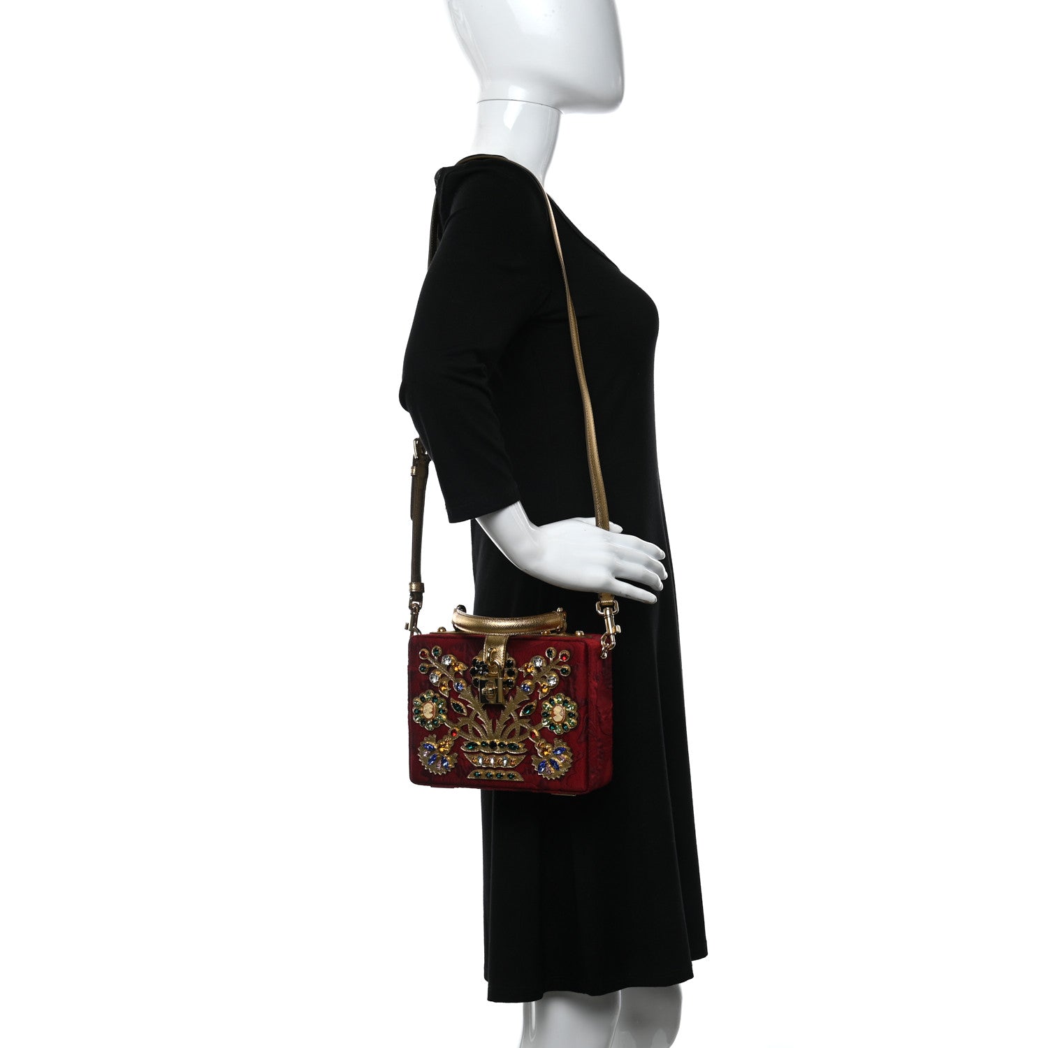 Dolce & Gabbana Brocade Dauphine Crystal Embellished Box Bag Red Gold 2 of 9