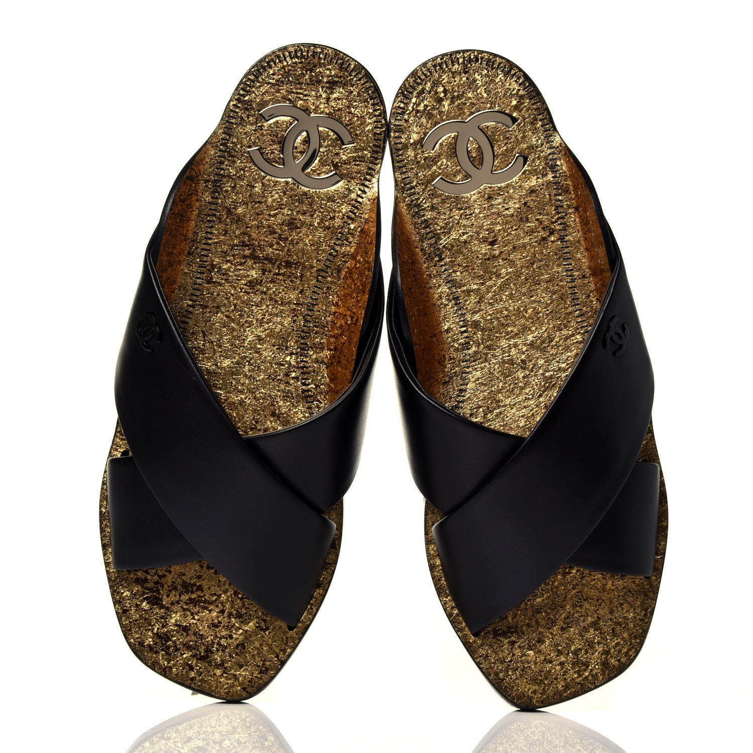Chanel Lambskin CC Cross Strap Mule Sandals 36 Black Gold 5 of 10