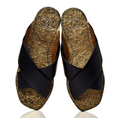 Chanel Lambskin CC Cross Strap Mule Sandals 36 Black Gold 5 of 10