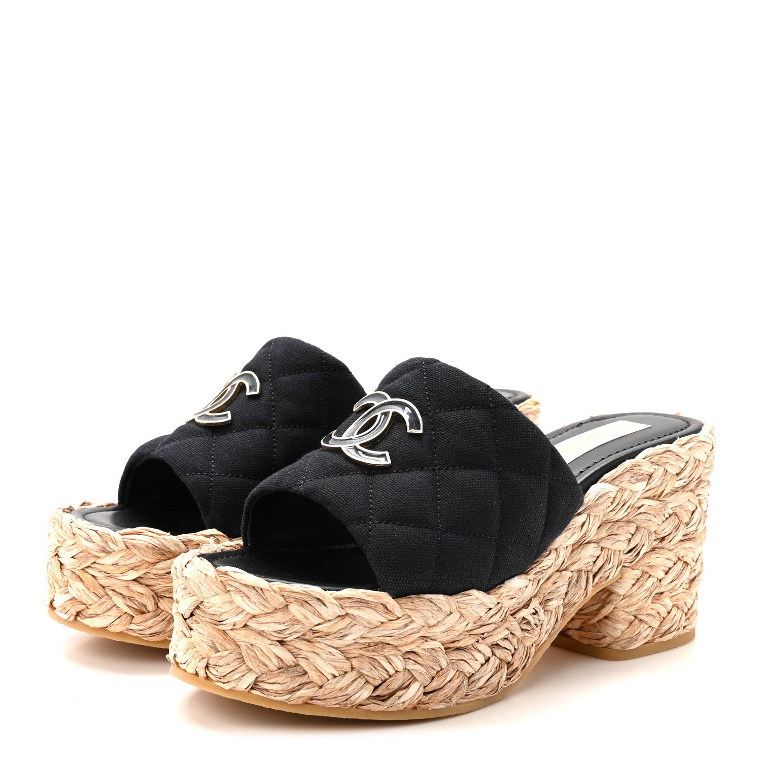 Chanel Canvas Raffia Wedge Sandals 39 Black 4 of 8