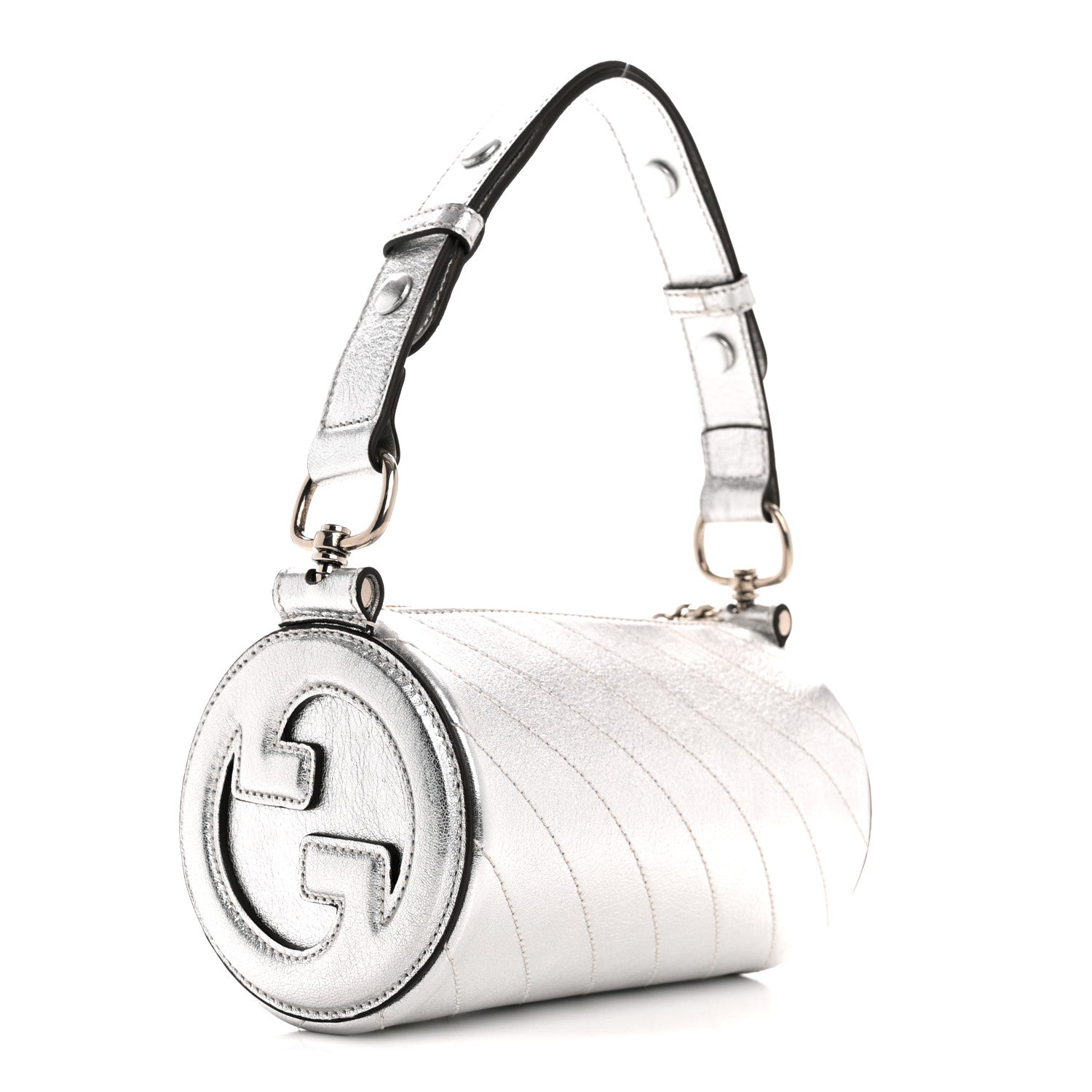 Gucci Sakai Be Green Calfskin Diagonal Stitched Mini Blondie Barrel Shoulder Bag Silver 3 of 10