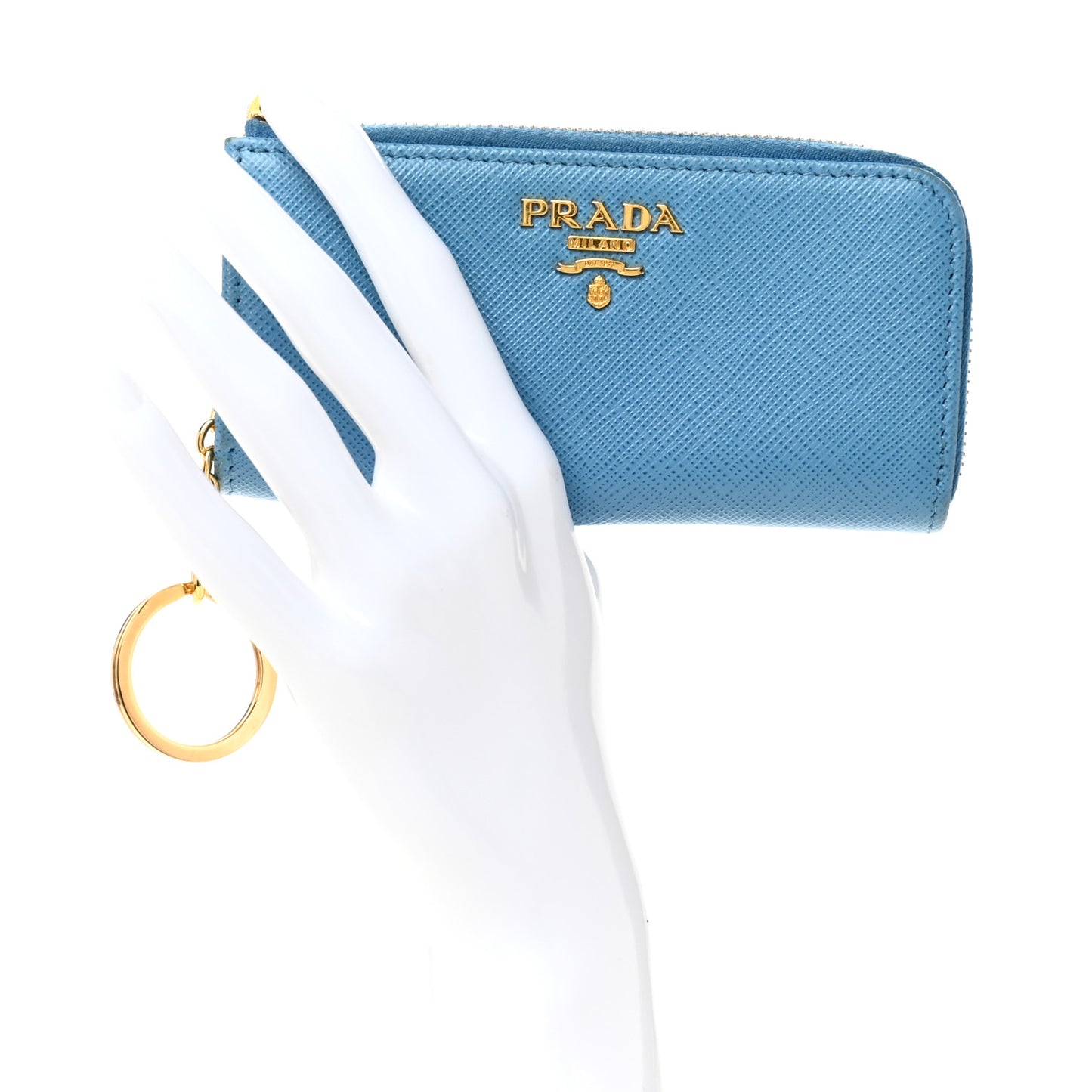 Saffiano Metal Zip Around Key Holder Celeste
