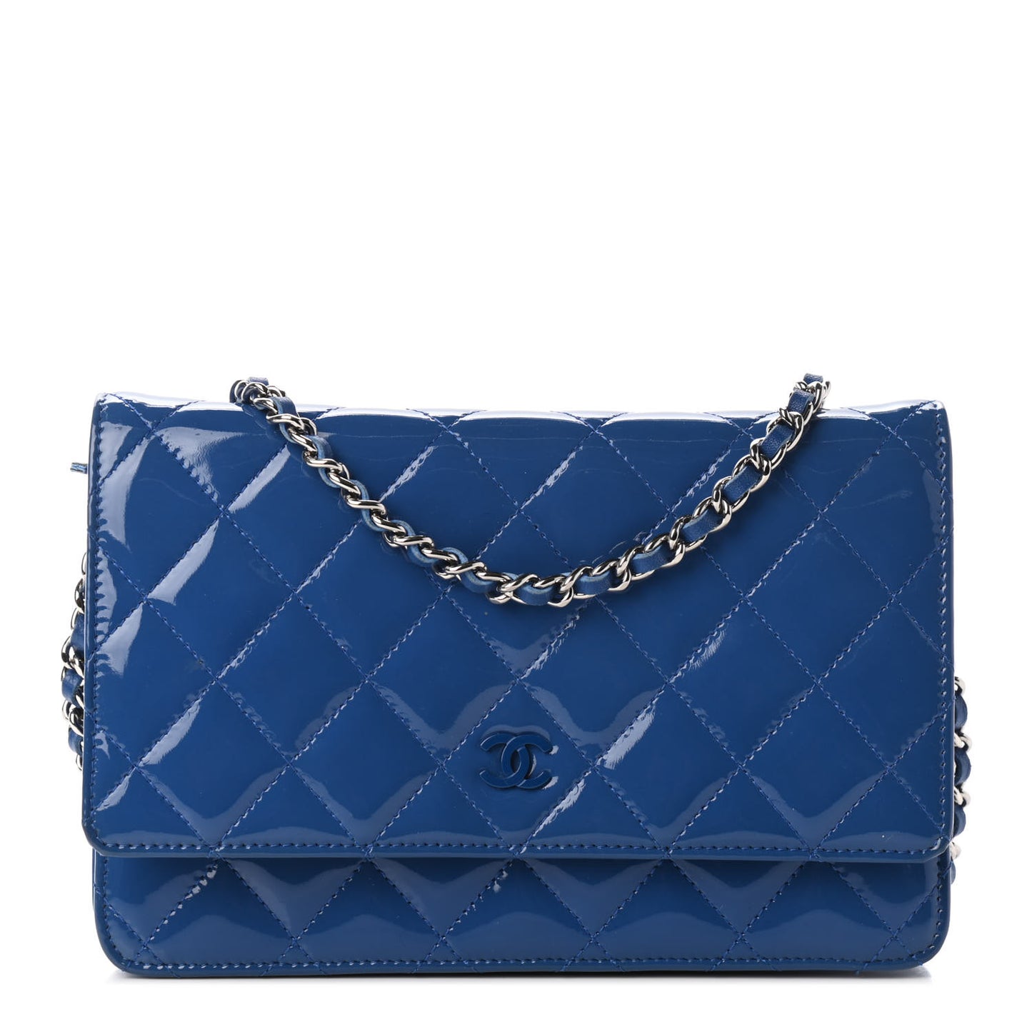 Patent Quilted Wallet On Chain WOC Dark Blue