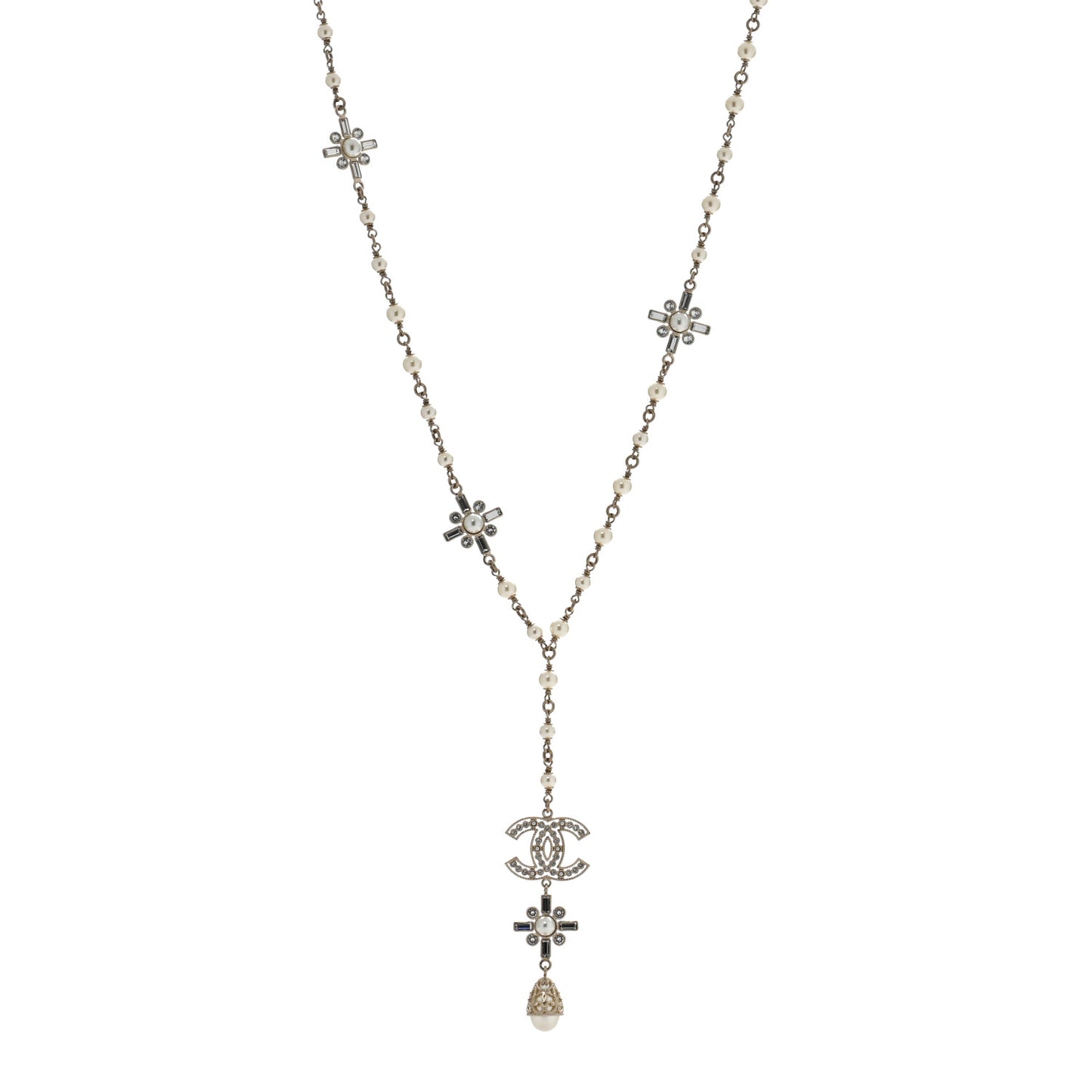 Crystal Baguette Pearl CC Cross Drop Necklace Gold