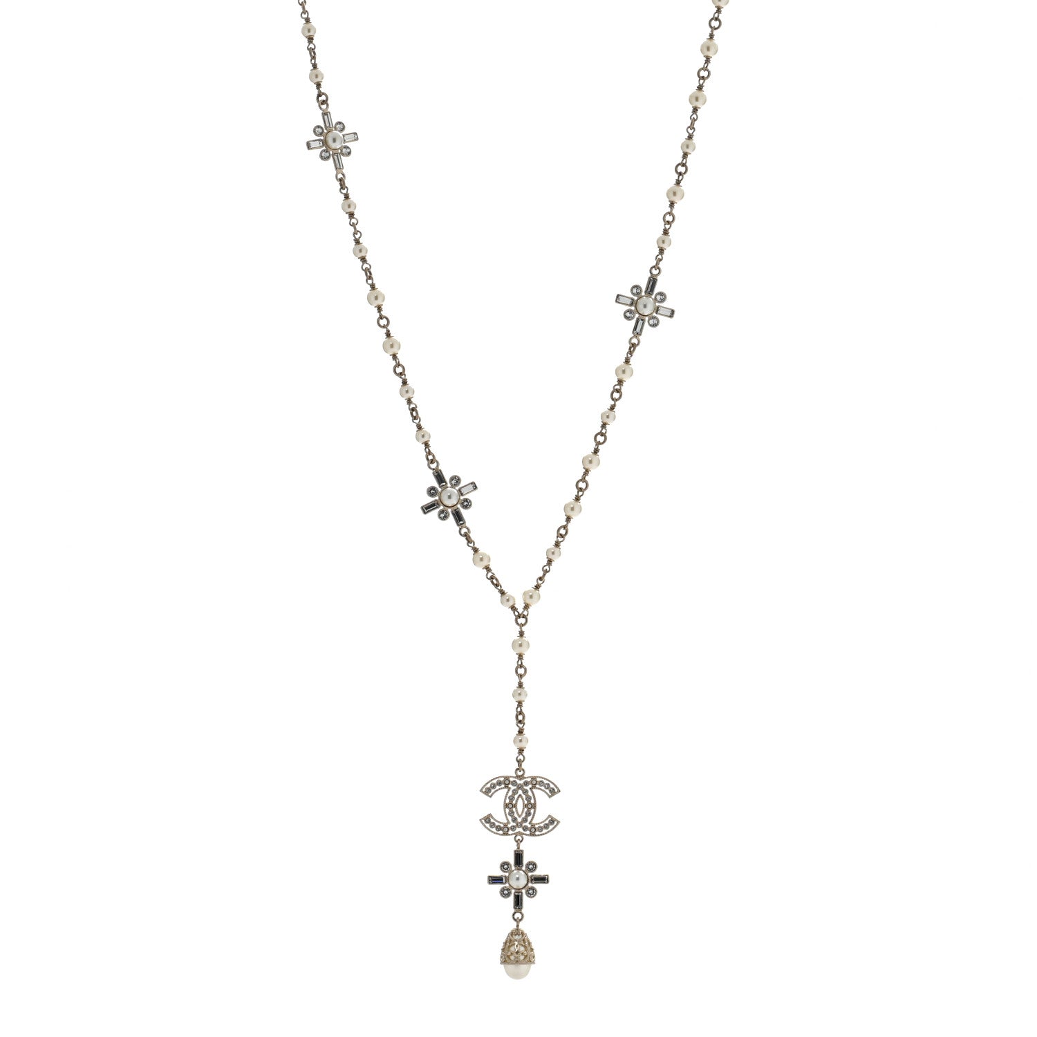 Chanel Crystal Baguette Pearl CC Cross Drop Necklace Gold 1 of 5