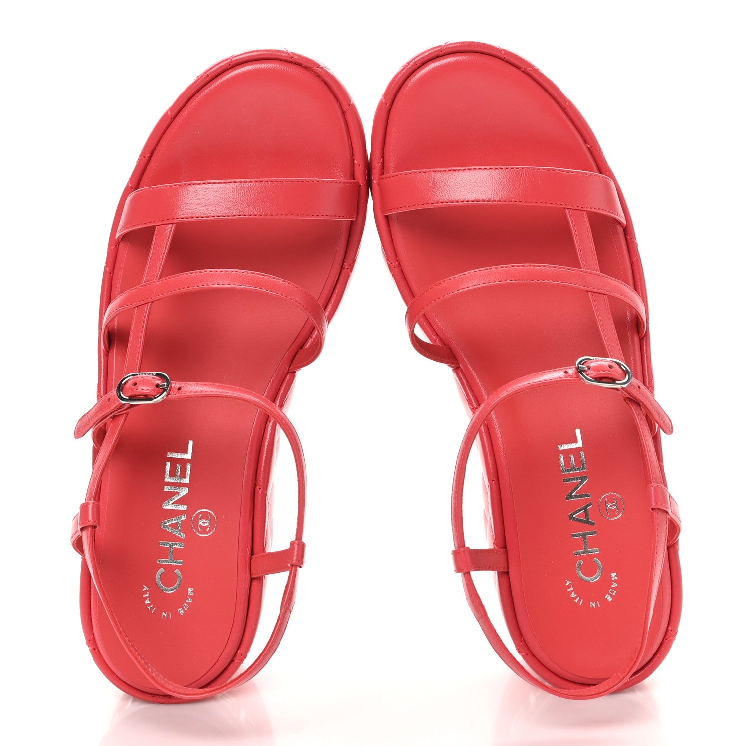 Chanel Calfskin Quilted Wedge Logo Sandals 37 Red 2 of 10