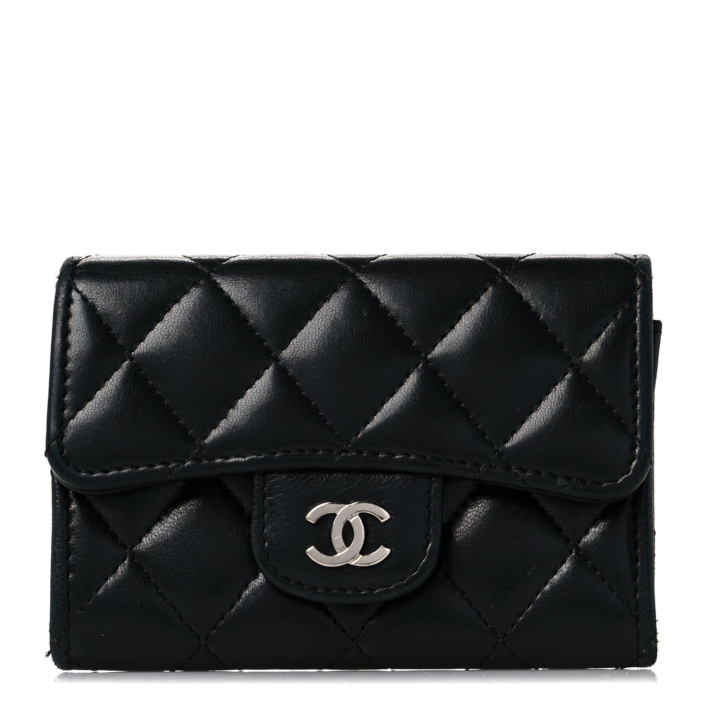 Lambskin Quilted Flap Card Holder Wallet Black