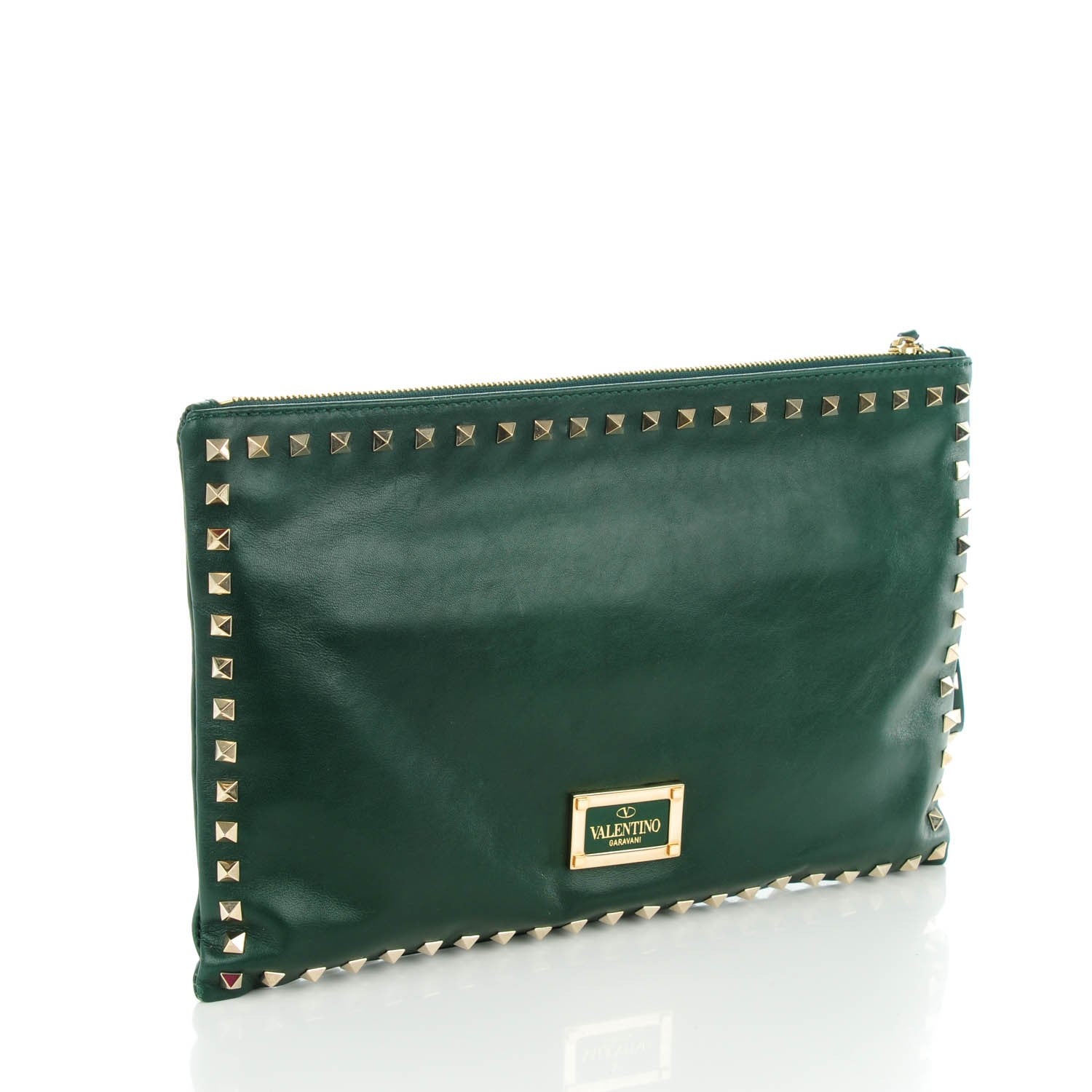 Valentino Garavani Vitello Large Rockstud Zip Wristlet Pouch Green 3 of 8