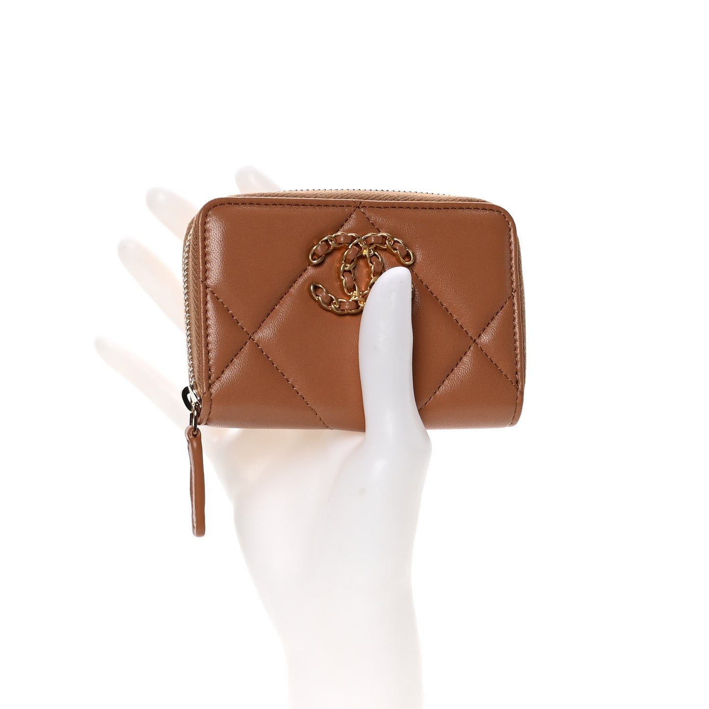 Shiny Goatskin Quilted 19 Zip Around Coin Purse Wallet Brown