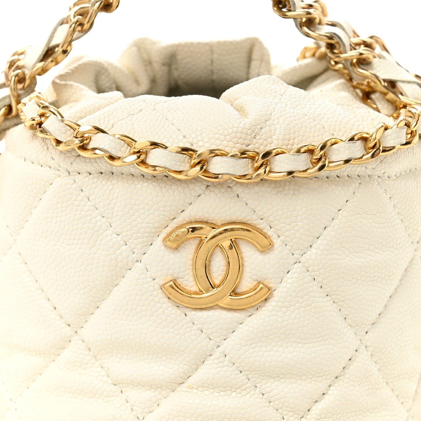 Caviar Quilted Coco First Bucket Clutch With Chain White