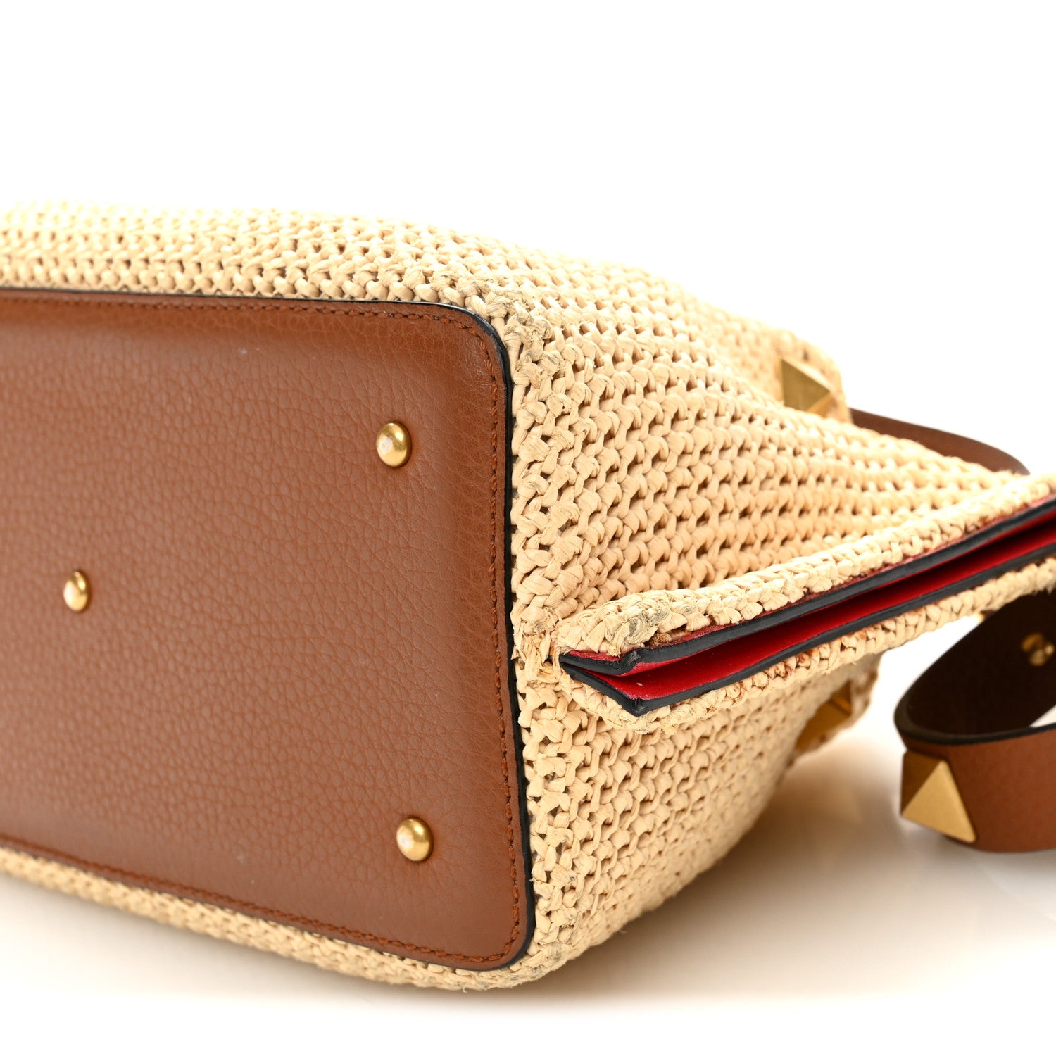 Valentino Garavani Raffia Grained Calfskin Small Rockstud Vlogo Tote Naturale 9 of 10