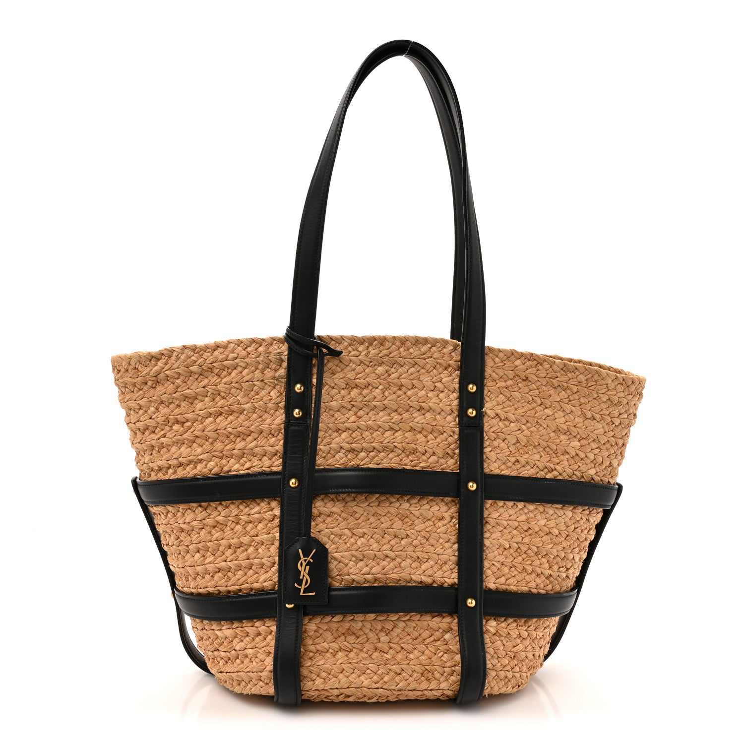 Saint Laurent Raffia Calfskin Caged Tote Naturale Black 1 of 12