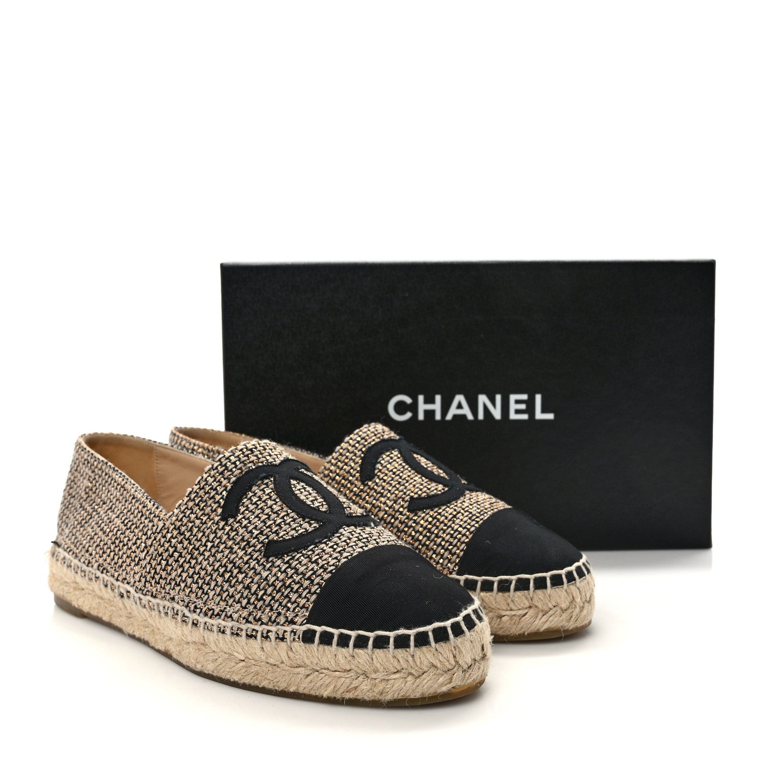Chanel Metallic Tweed Grosgrain CC Espadrilles 38 Black Gold 2 of 10