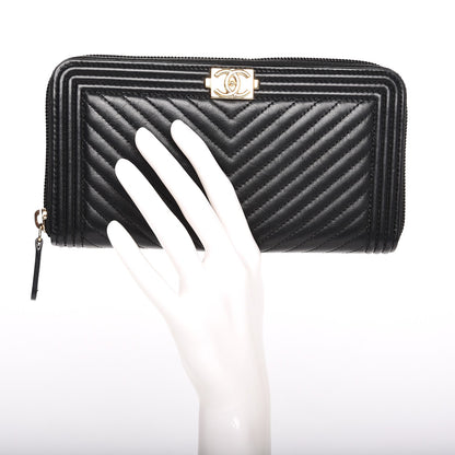 Chanel Calfskin Chevron Zip Around Boy Wallet Black 2 of 8
