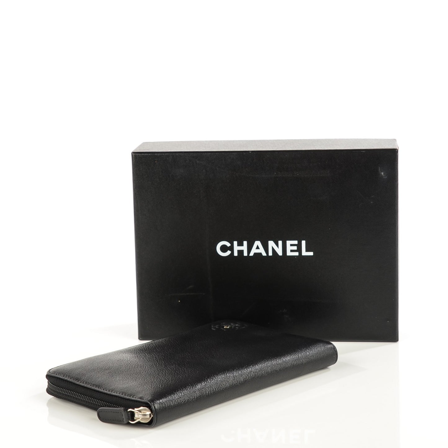 Goatskin Camellia Embossed Zip Around Organizer Wallet Black