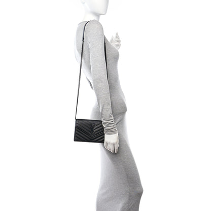 Saint Laurent Grain De Poudre Matelasse Chevron Monogram Monochrome Envelope Chain Wallet Black 2 of 9