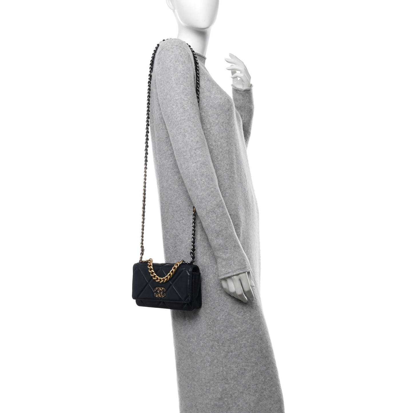 Lambskin Quilted Chanel 19 Wallet On Chain WOC Navy Blue