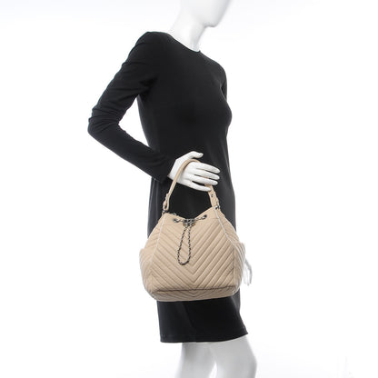 Chanel Deerskin Chevron Medium CC Chain Bucket Drawstring Bag Beige 3 of 8