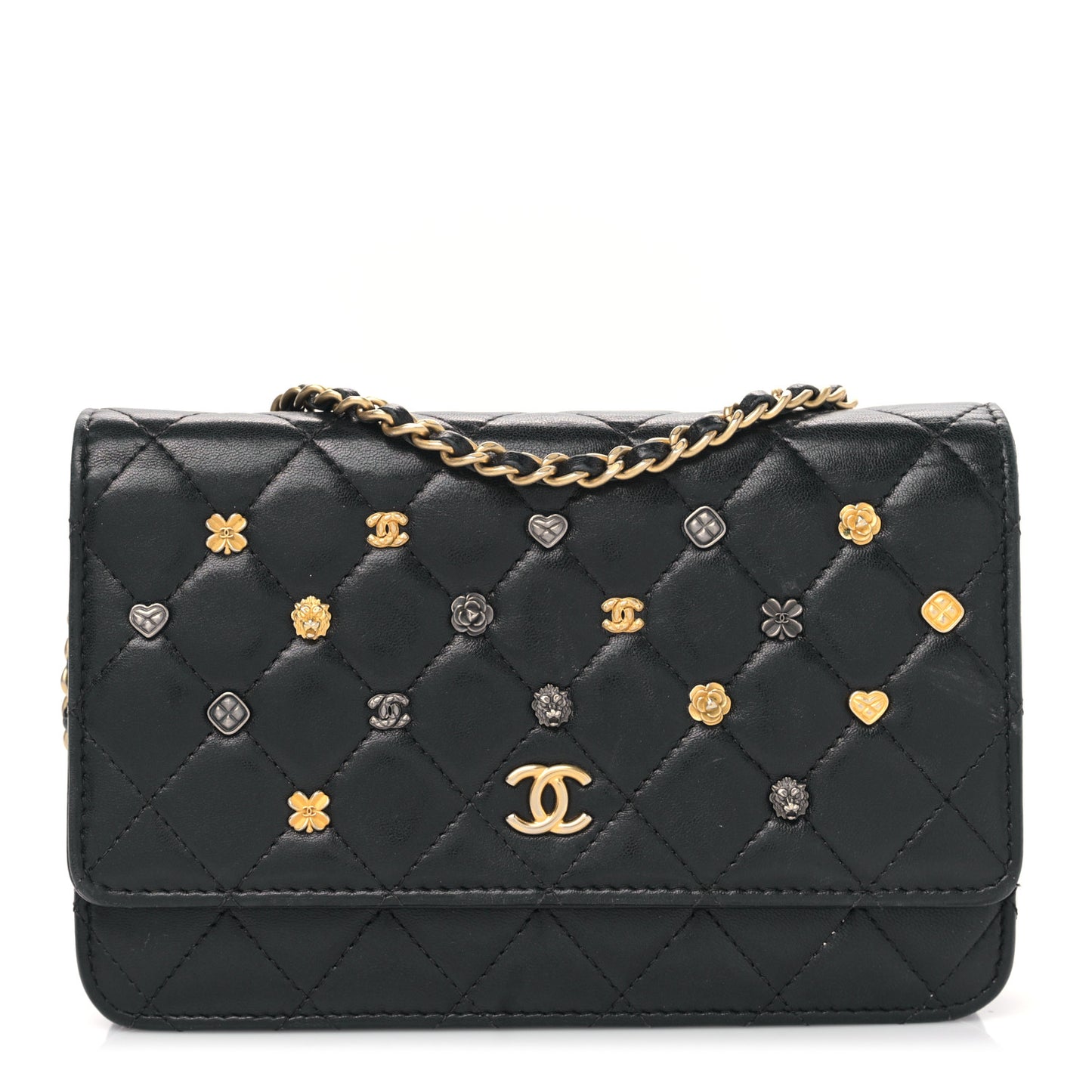 Lambskin Quilted Studded Wallet On Chain WOC Black