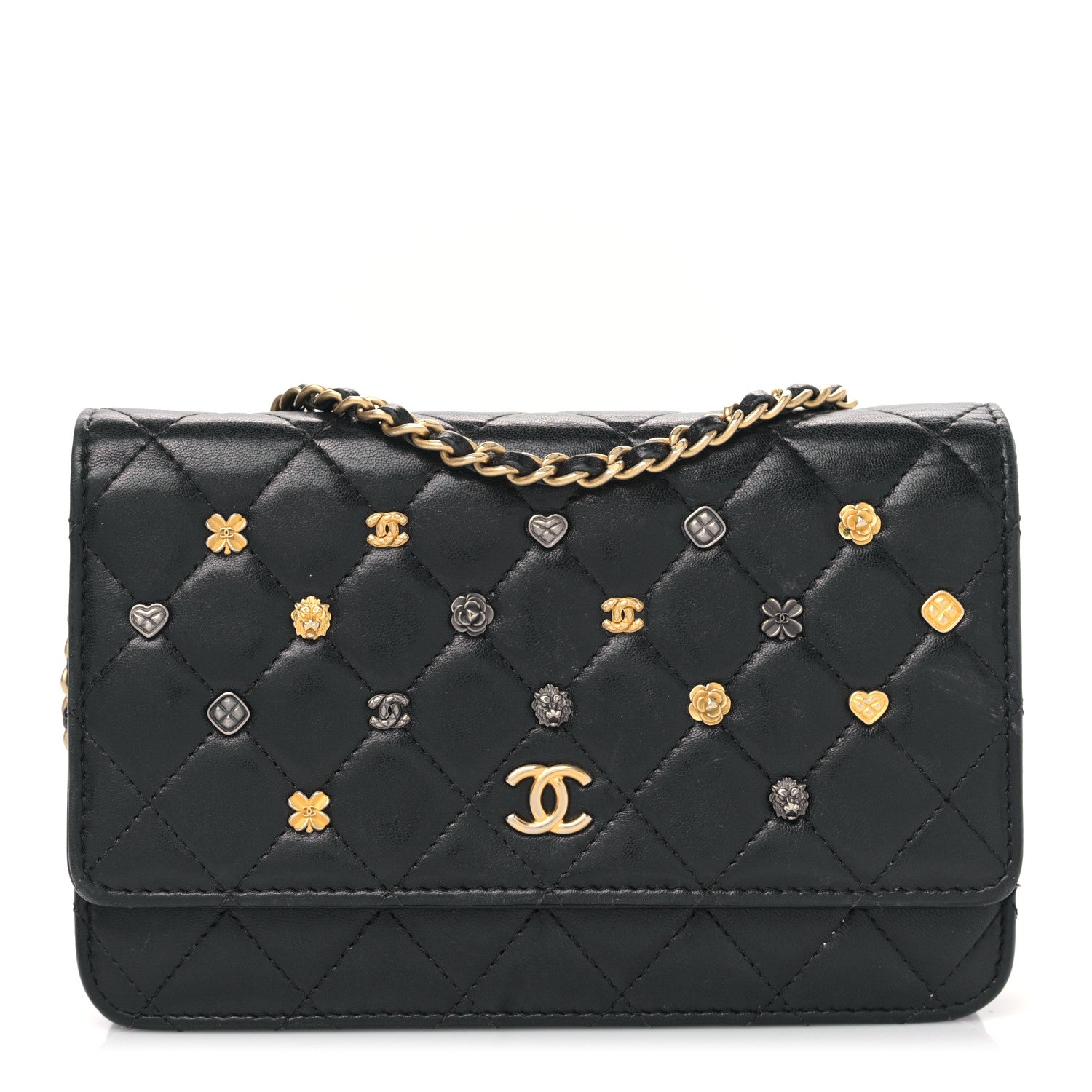 Chanel Lambskin Quilted Studded Wallet On Chain WOC Black 1 of 10