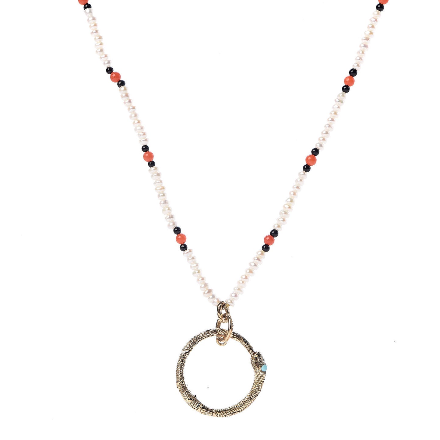 18K Yellow Gold Coral Black Onyx Freshwater Pearl Turquoise Ouroboros Pendant Necklace
