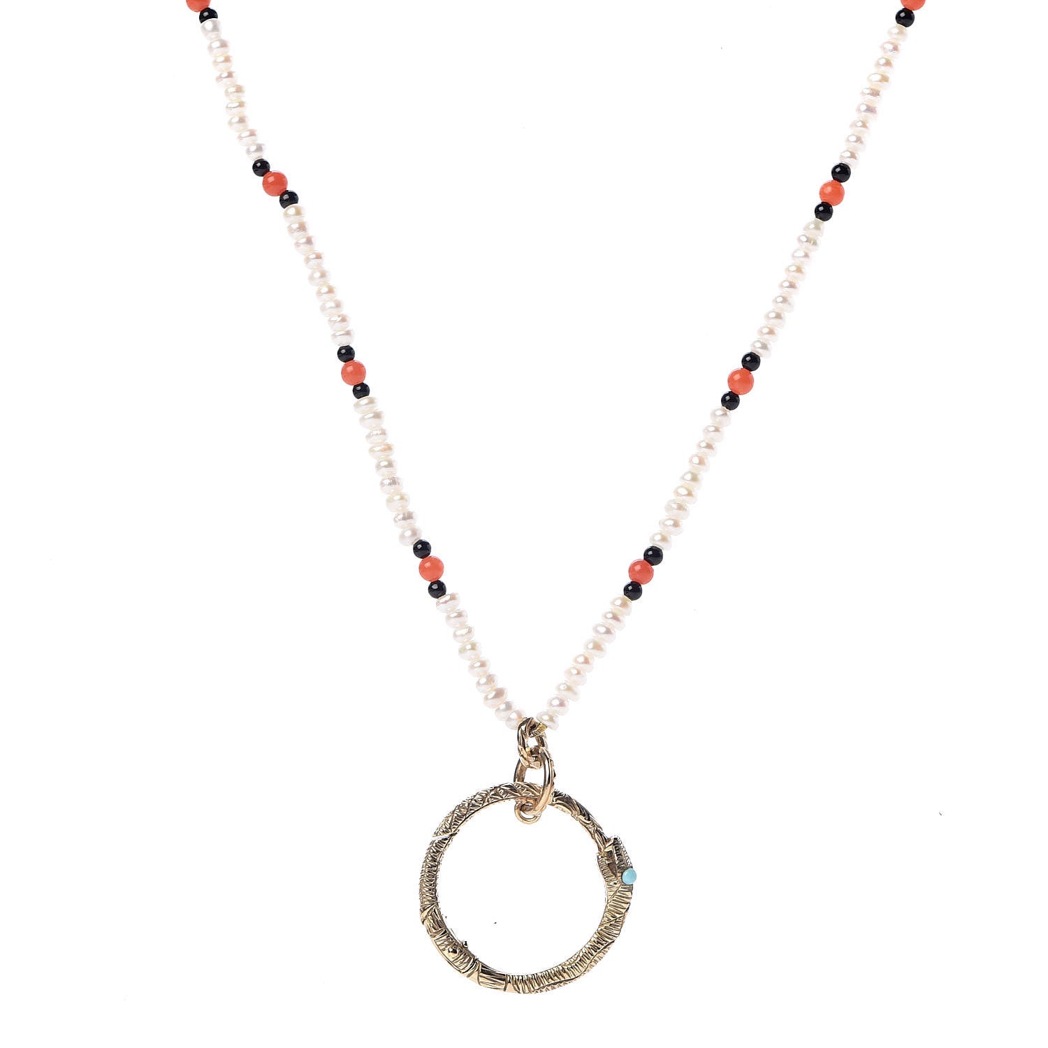 Gucci 18K Yellow Gold Coral Black Onyx Freshwater Pearl Turquoise Ouroboros Pendant Necklace 1 of 4